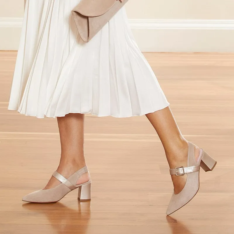 Corinne: Pale Taupe Suede &amp; Patent