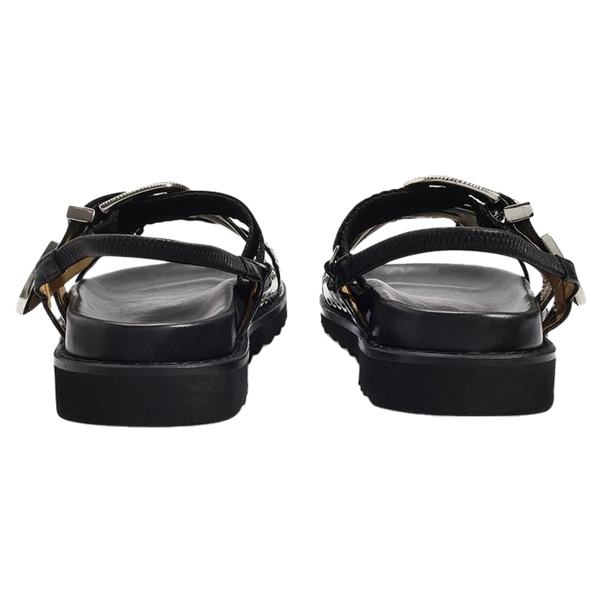 Flat Sandals in Black Leather with Metallic Straps