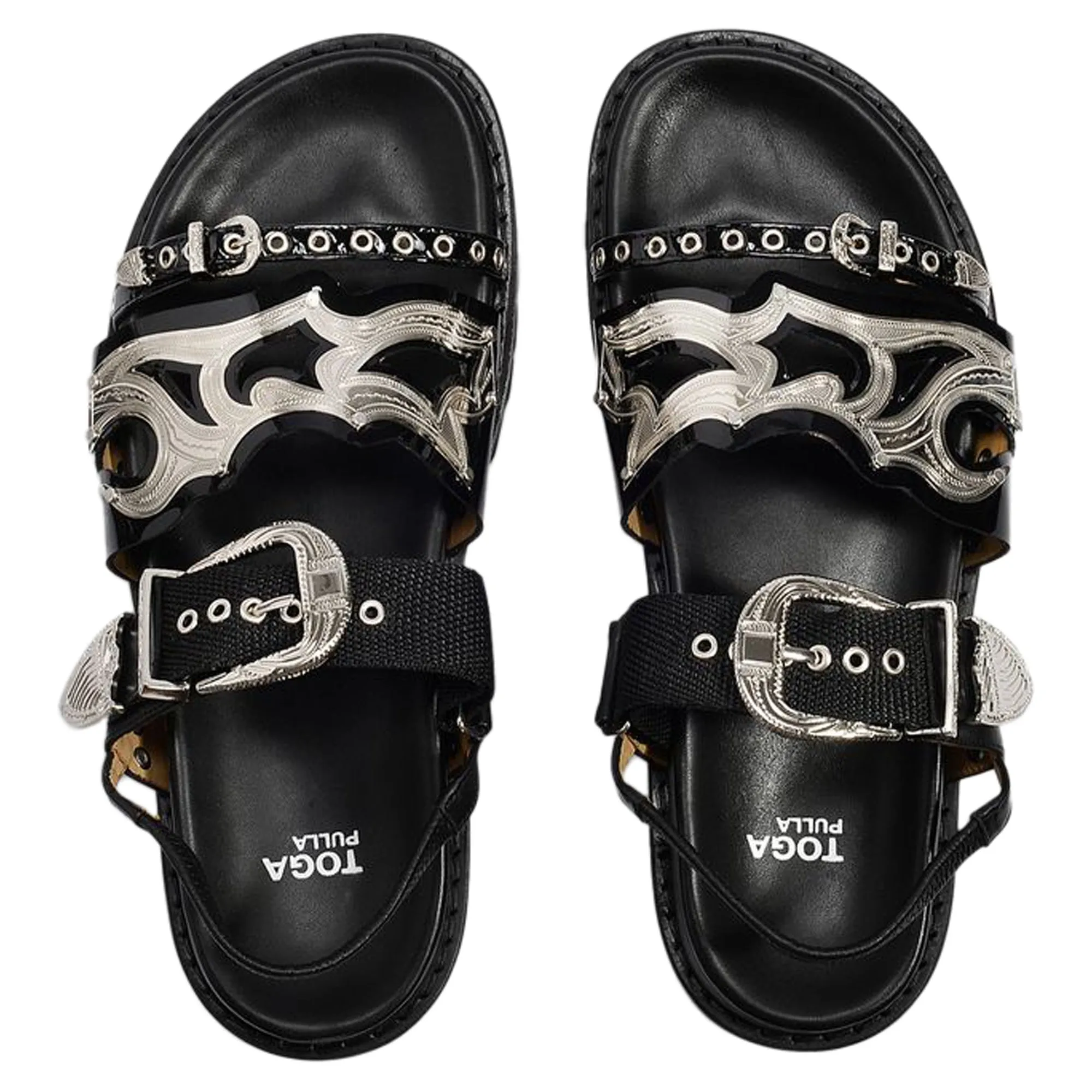 Flat Sandals in Black Leather with Metallic Straps