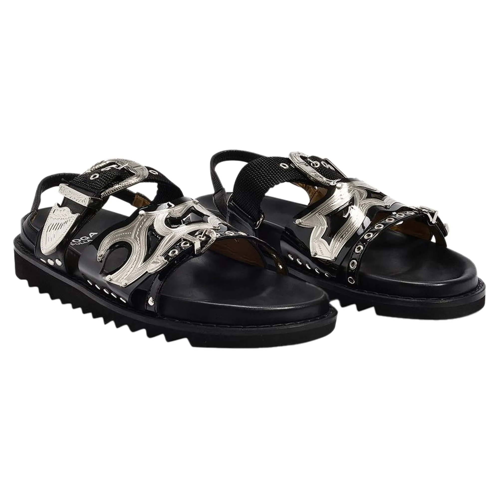 Flat Sandals in Black Leather with Metallic Straps