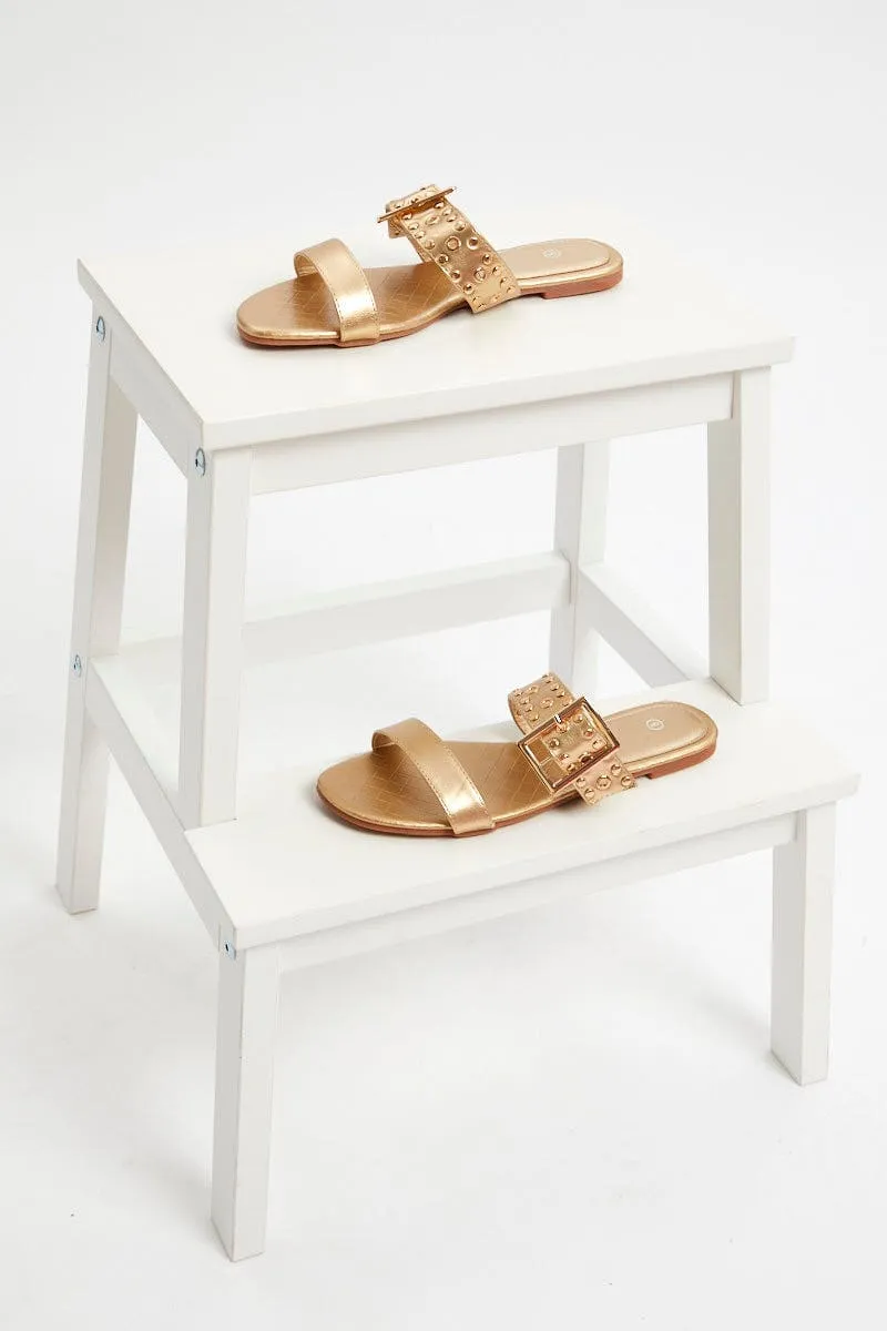 Gold Buckle Detail Flat Slides