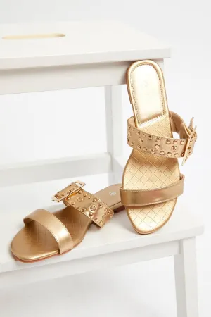 Gold Buckle Detail Flat Slides