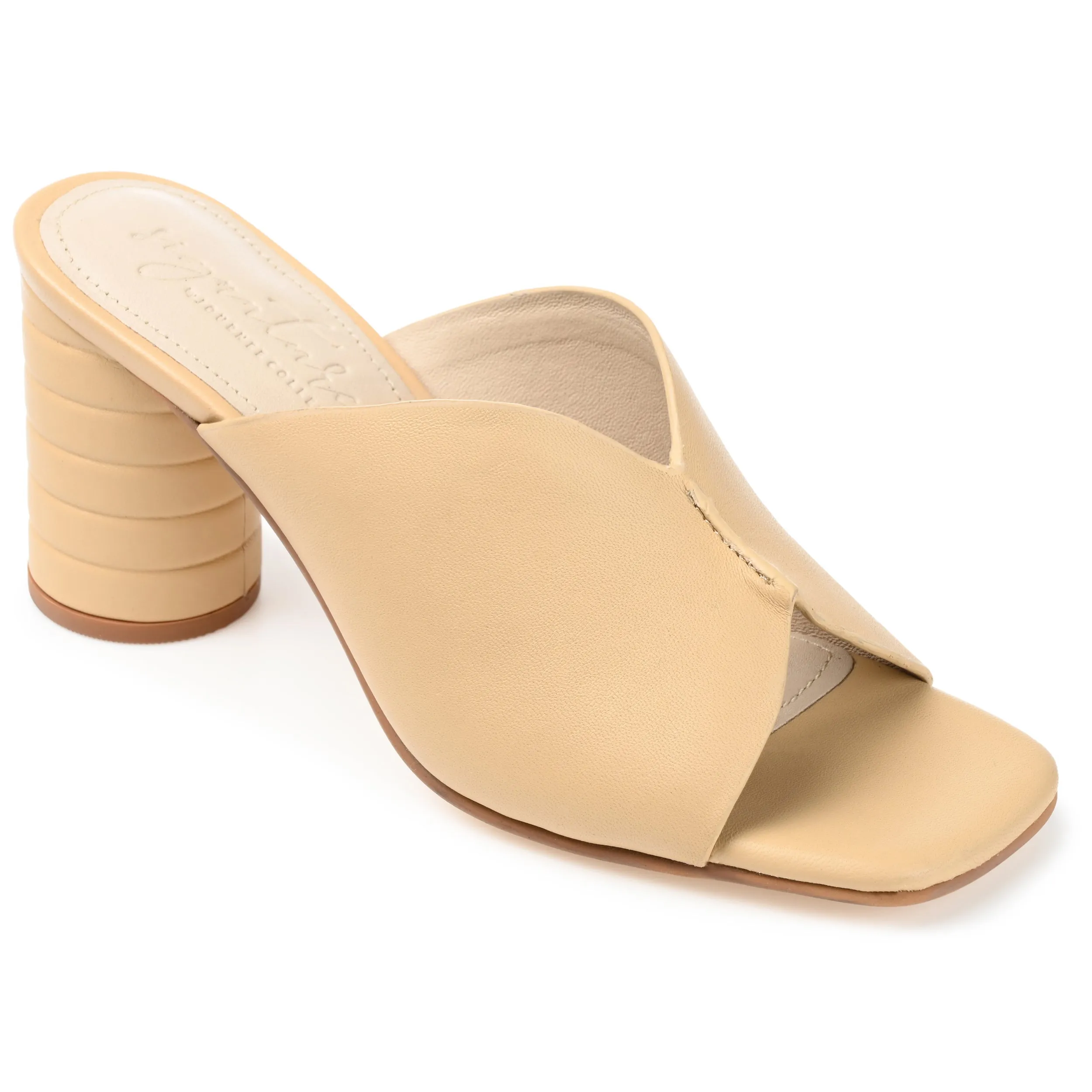 Journee Signature Womens Genuine Leather Karah Slip On Block Heel Open Square Toe Sandals
