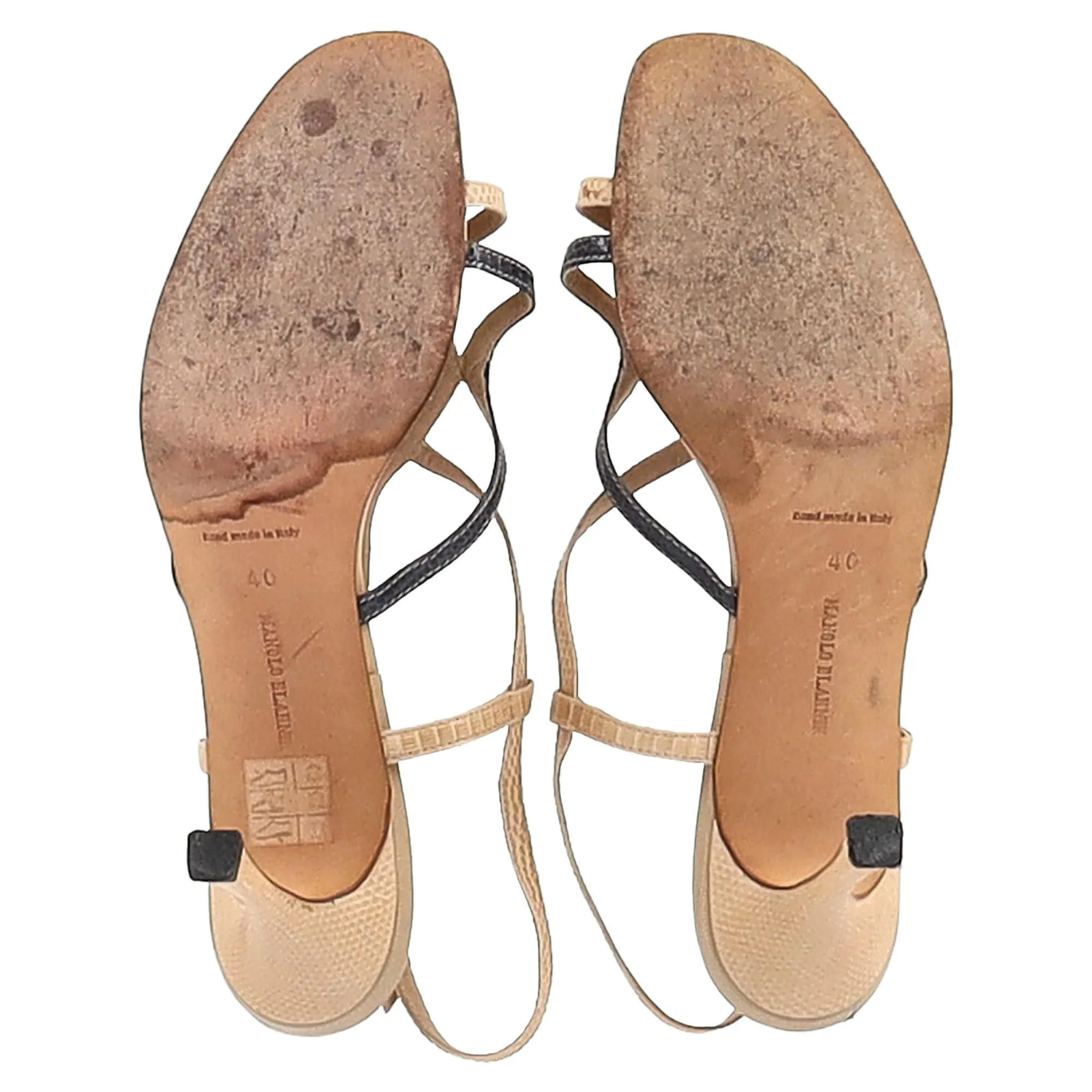 Manolo Blahnik Snakeskin-Embossed Sandal Heels in Nude Leather