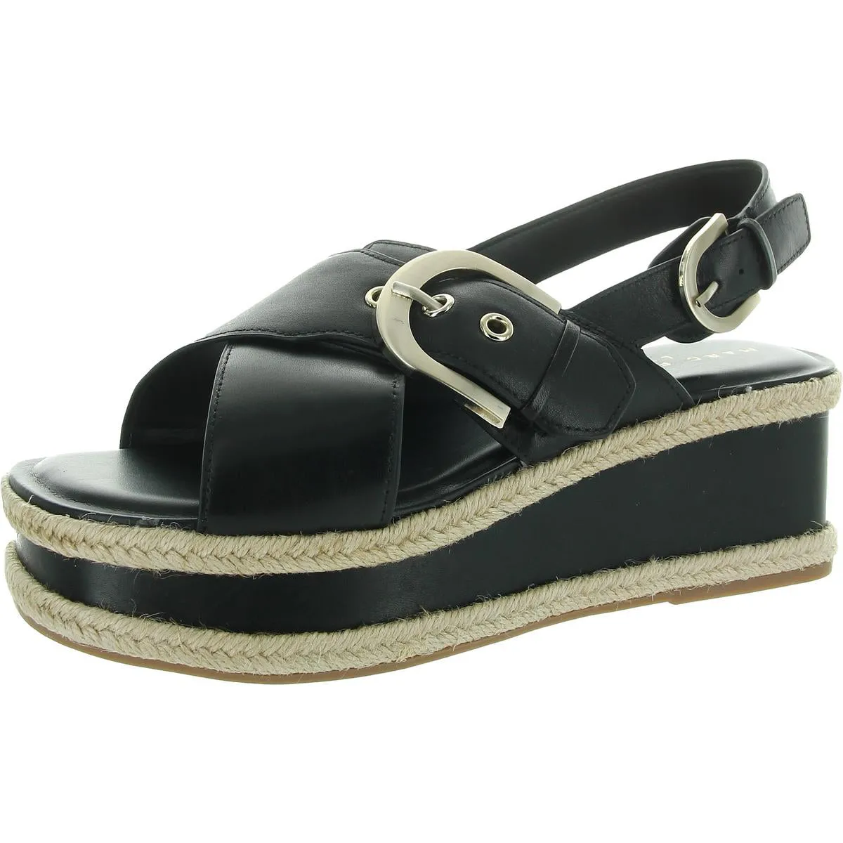 Renda Womens Buckle Leather Wedge Sandals