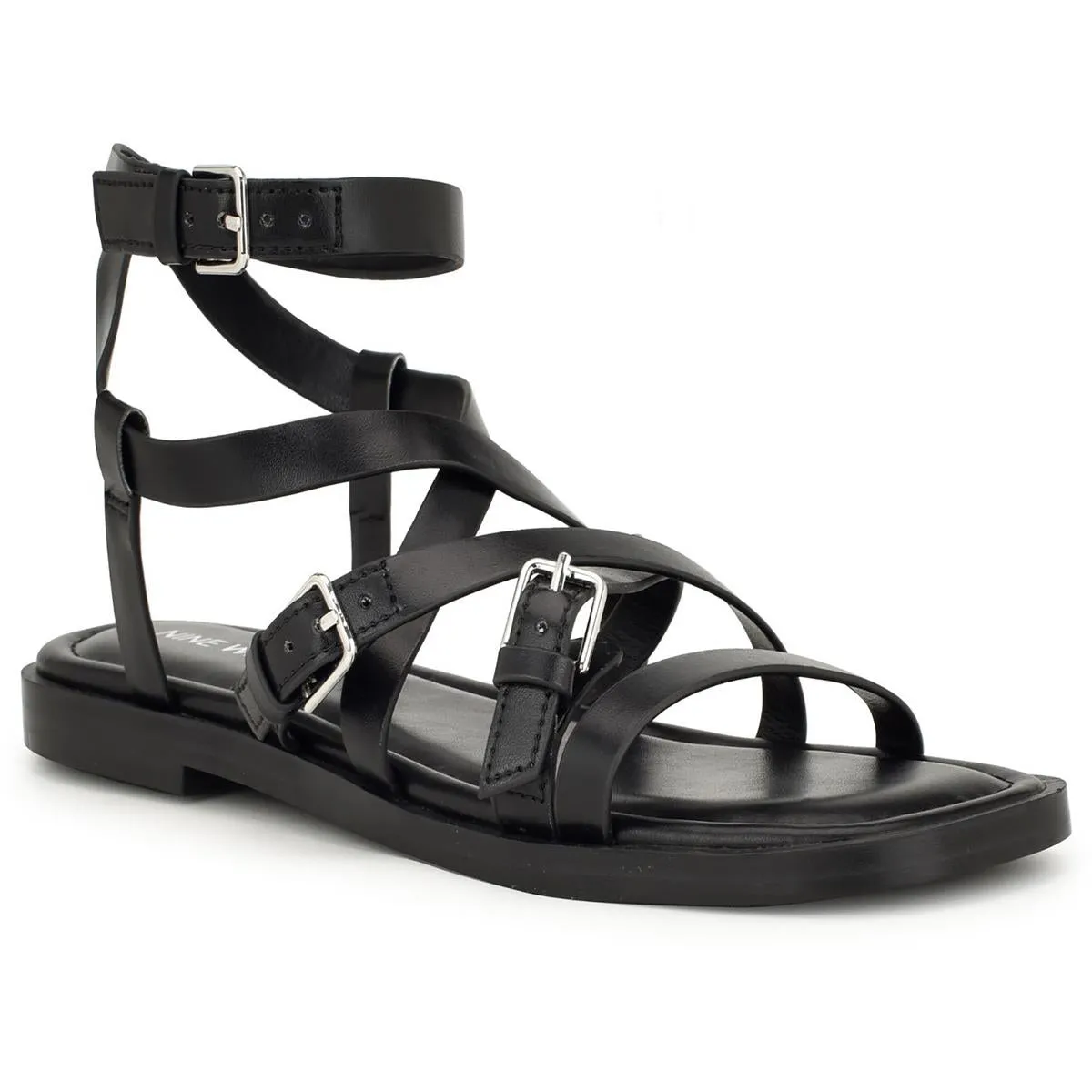 RULEN3 Womens Buckle Faux Leather Strappy Sandals