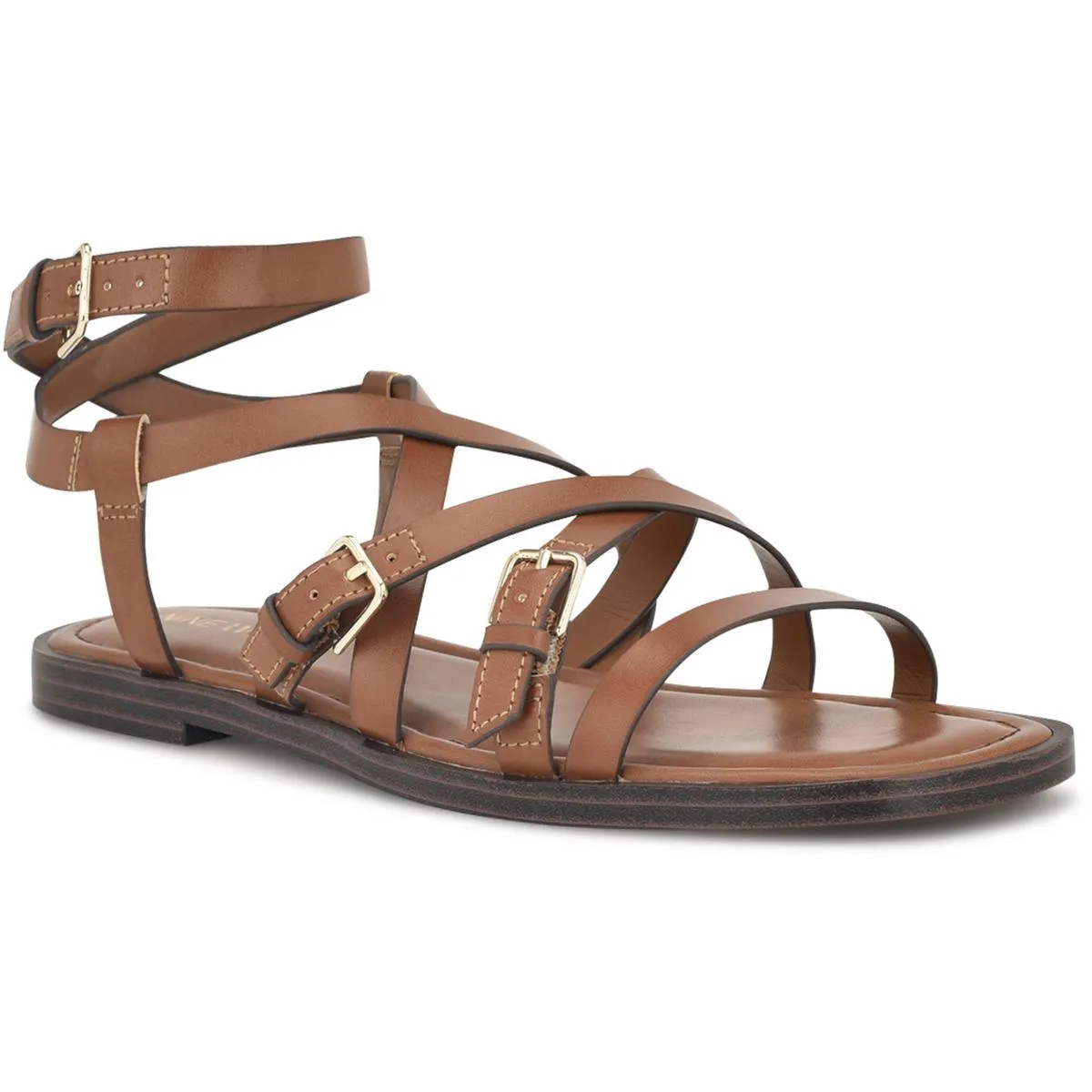 RULEN3 Womens Buckle Faux Leather Strappy Sandals