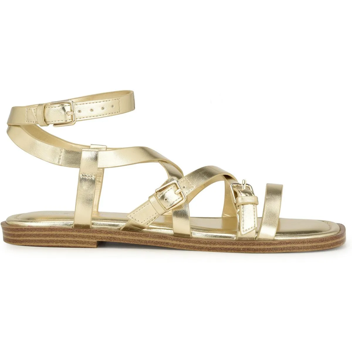 RULEN3 Womens Buckle Faux Leather Strappy Sandals
