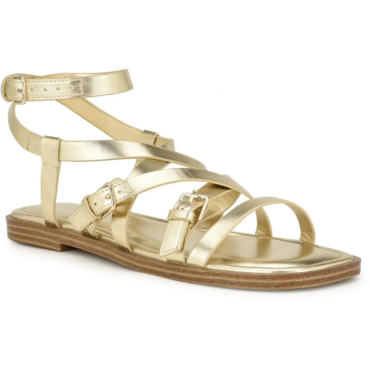 RULEN3 Womens Buckle Faux Leather Strappy Sandals