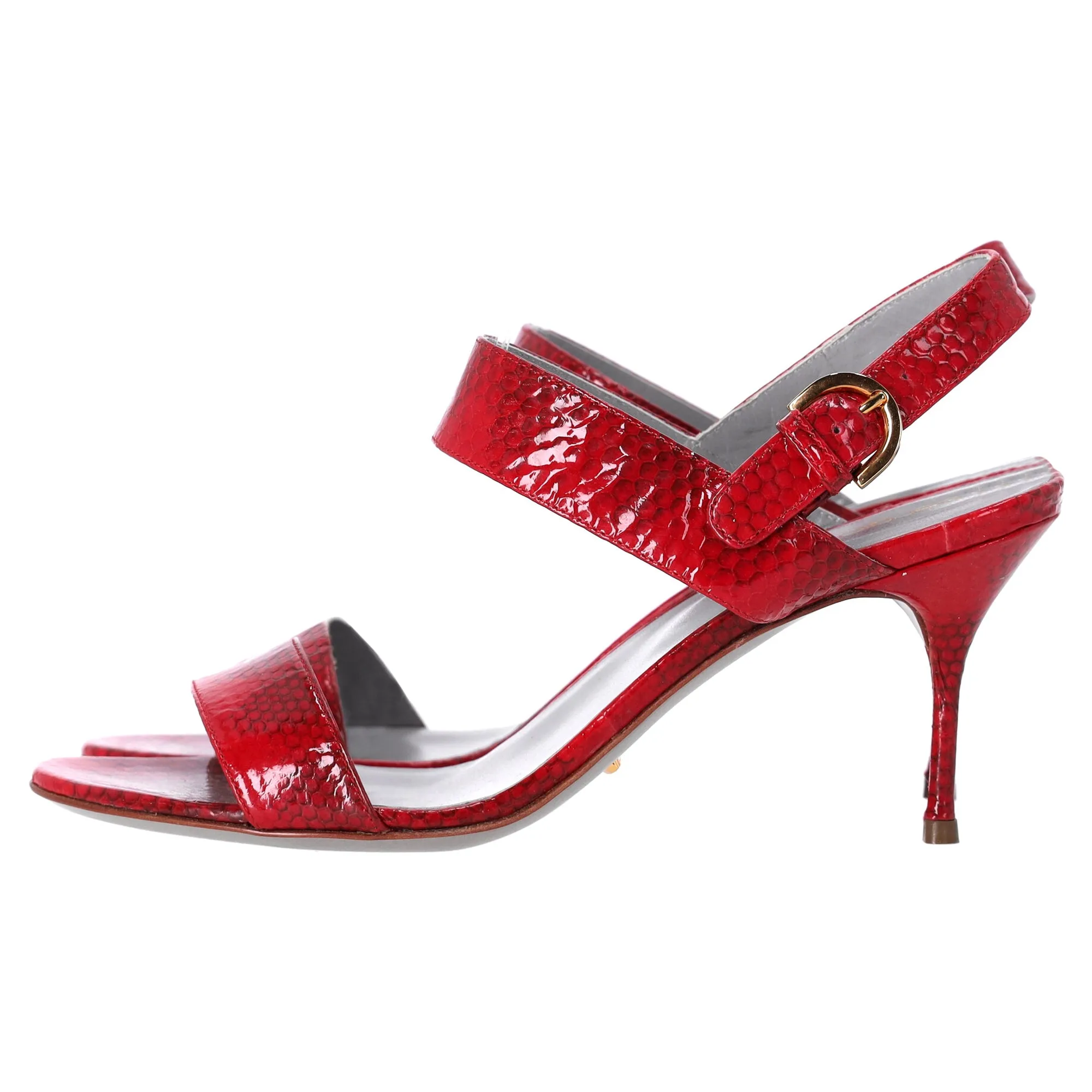 Sergio Rossi Ankle Strap Printed Sandals in Red Patent Leather