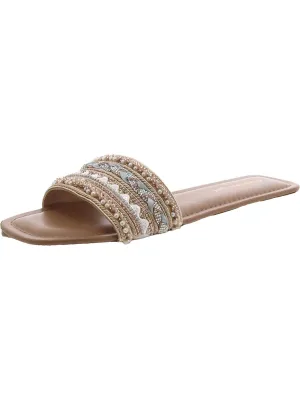 Threadd Womens Faux Leather Embellished Slide Sandals