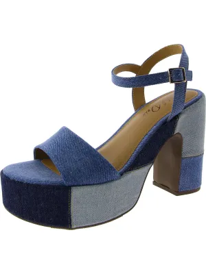 Womens Denim Ankle Strap Block Heel